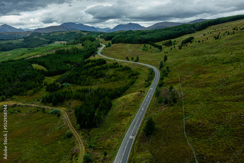 Aerial view of winding road in Scotland