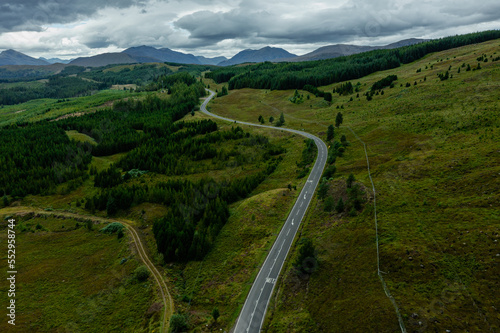 Aerial view of winding road in Scotland