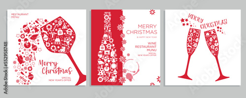 Holiday christmas background restaurant Menu cards set with glasses of wine, bottles new year icon in red colors. Vector christmas design card.