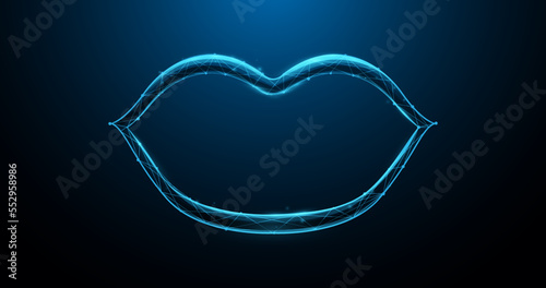 Human open mouth forms lines and triangles point connecting networks on blue background. Illustration vector