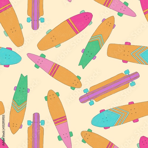 Longboards seamless pattern. Skate repeated pattern