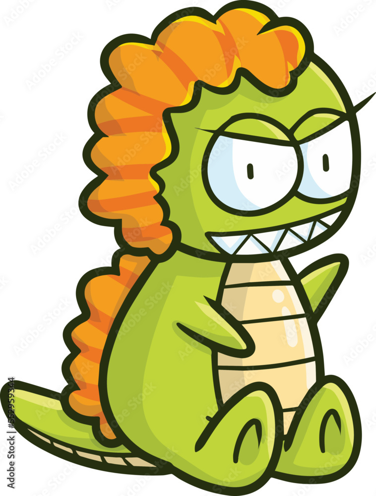 Obraz premium Funny green dragon with orange hair sitting happily. Have a sharp teeth and short tail.