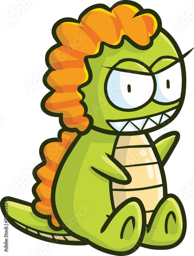 Funny green dragon with orange hair sitting happily. Have a sharp teeth and short tail.