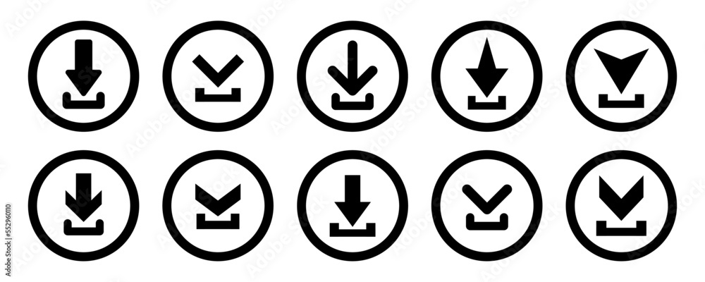 Set of download vector icons. Upload symbol. Web buttons for download. Down arrows. Set of download vector icons. Upload symbol. Web buttons for download. Down arrows.