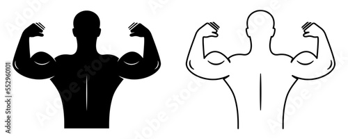 Male muscle body vector icon on white background. Black silhouette with strong or strength man. Vector 10 Eps.