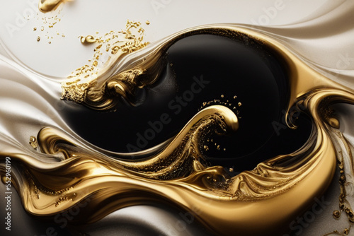 Luxury gold and black liquid background, liquid splash, swirl on white. Drapery of golden particles.