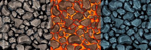Lava, magma with stones in cartoon style seamless pattern background. Eruption effect, landscape. Texture, design