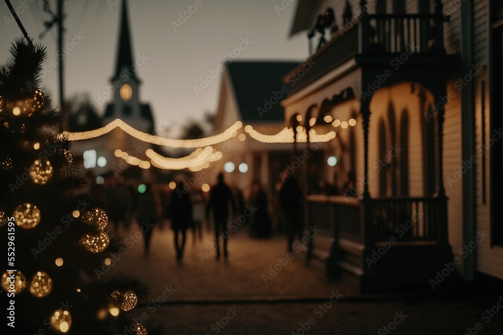 blurred photo of people in the city during christmas holidays. Generative AI