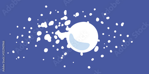 Flying snowball on a blue background with snowflakes. Snow globe in flight. Full color illustration for winter design. Round snowball with flying pieces of snow. Winter fun with snow. Throw snowballs.