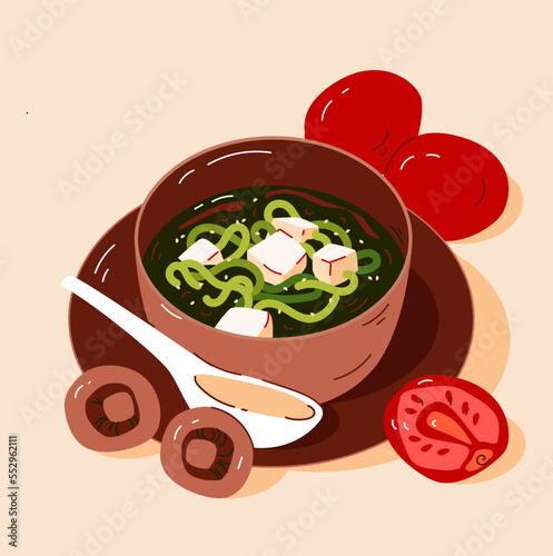 Miso soup. A dish of Japanese cuisine, soup with miso paste. Vector illustration