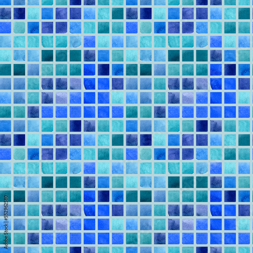 Watercolor blue green square mosaic seamless pattern. Illustration on light background. For fabric, sketchbook, wallpaper, wrapping paper.