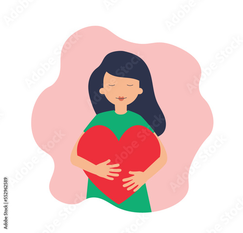 Love yourself, body positive, self care concept. Girl hugging a big red heart