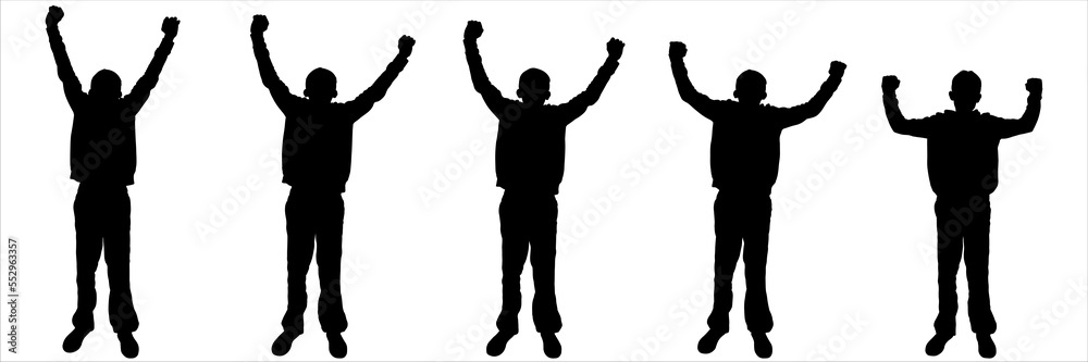 Black silhouettes of standing teenagers. A set of teenagers with raised hands at different heights. Front view, Anfas. The gesture raised hands with joy and admiration. Isolated on a white background