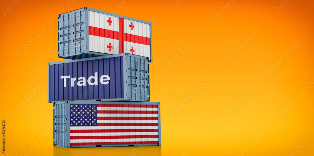 Cargo containers with USA and Georgia national flags. 3D Rendering Cargo containers with USA and Georgia national flags. 3D Rendering