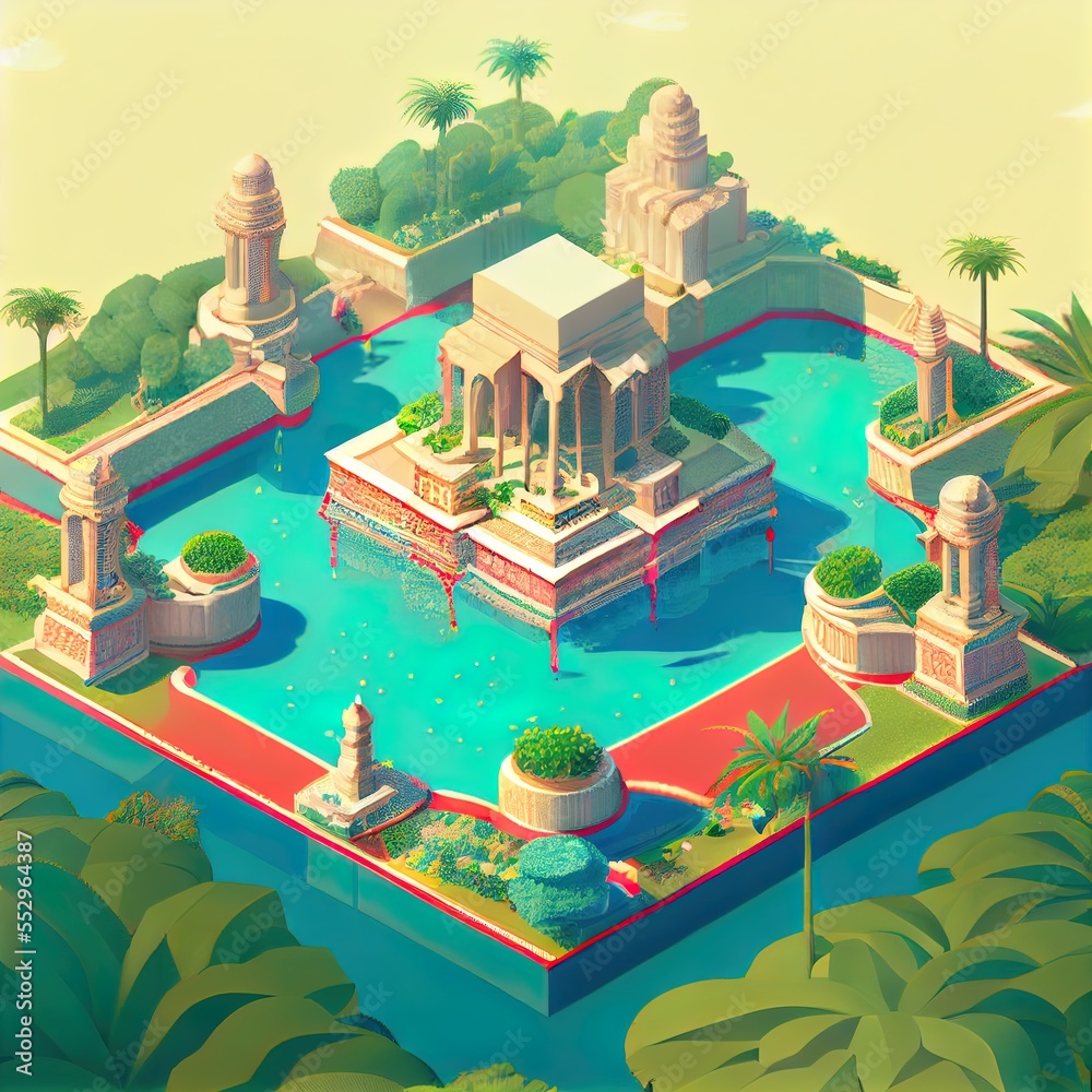 Beautiful Ancient Hanging Gardens of Babylon Diorama, Isometric View