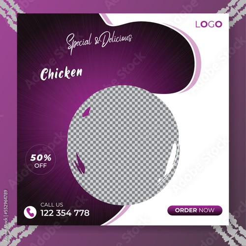 Food social media promotion and post design template with abstract shapes, fried chicken delight menu for restaurant with gradient colors