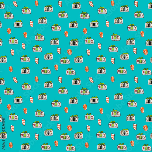 Vector Seamless maki sushi illustration pattern on blue background
