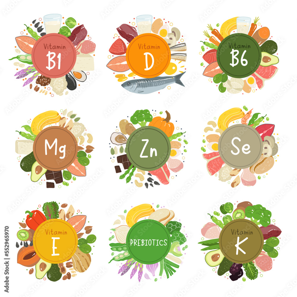 Healthy food sources of vitamins and minerals. Vitamins b1, b6, d, e