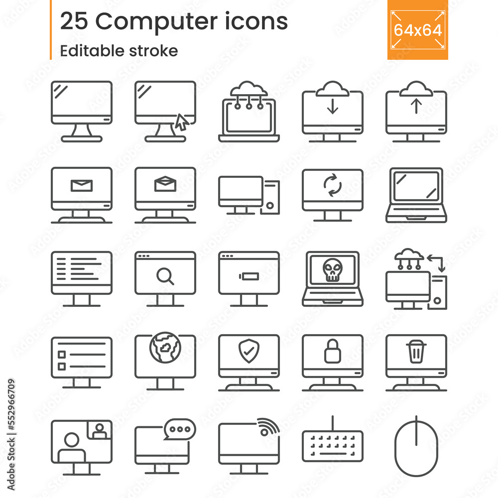 Thin lines vector icon. computer and monitor set Thin lines vector icon. computer and monitor set