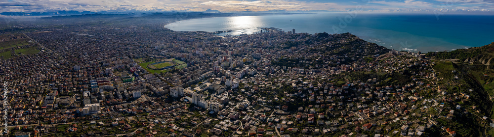Aerial view around the city Durrës in Albania on a sunny morning in autumn.