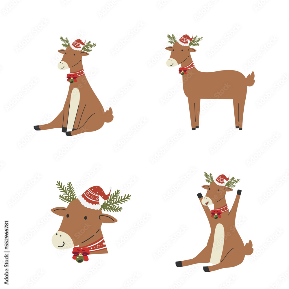 A Various set of cute reindeer with Christmas element cartoon character flat vector illustration isolated on white background. Merry Christmas and Happy New Year.
