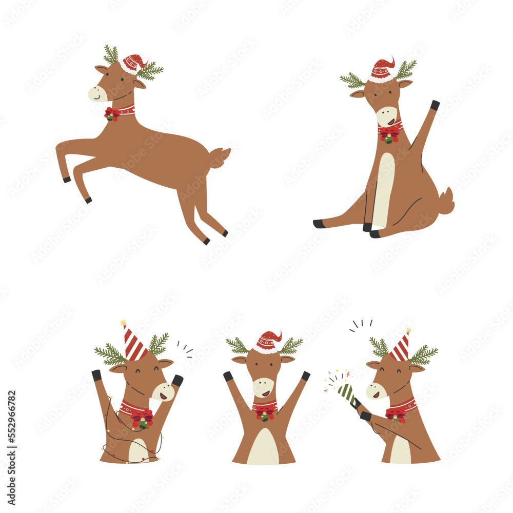 Fototapeta premium A Various set of cute reindeer with Christmas element cartoon character flat vector illustration isolated on white background. Merry Christmas and Happy New Year.