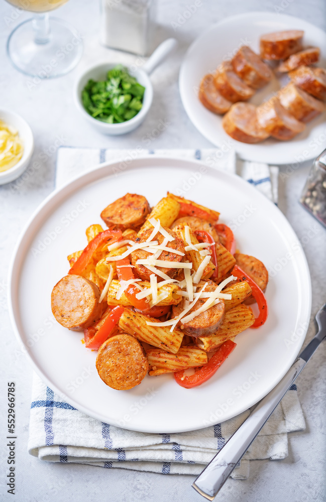 Meat sausage tomato sauce pasta in a bowl Meat sausage tomato sauce pasta in a bowl