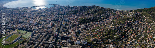 Aerial view around the city Durr  s in Albania on a sunny morning in autumn.
