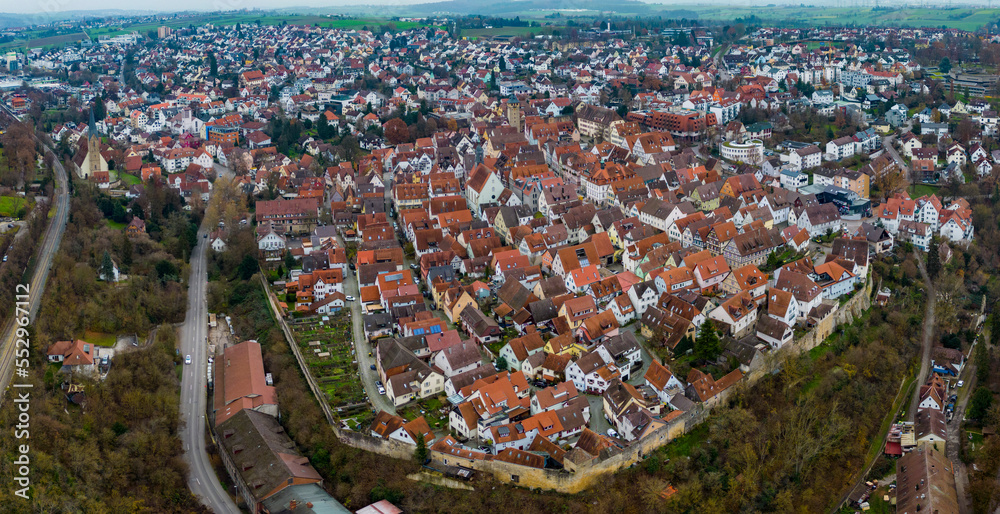 Aerial view around the city Marbach, germany before Christmas on a cloudy afternoon.