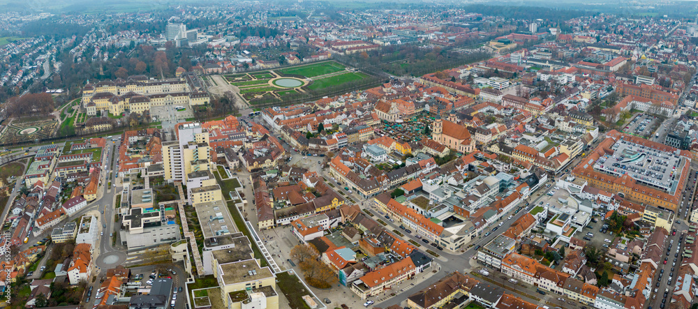 Aerial view around the city Ludwigsburg in germany before Christmas on a cloudy afternoon-