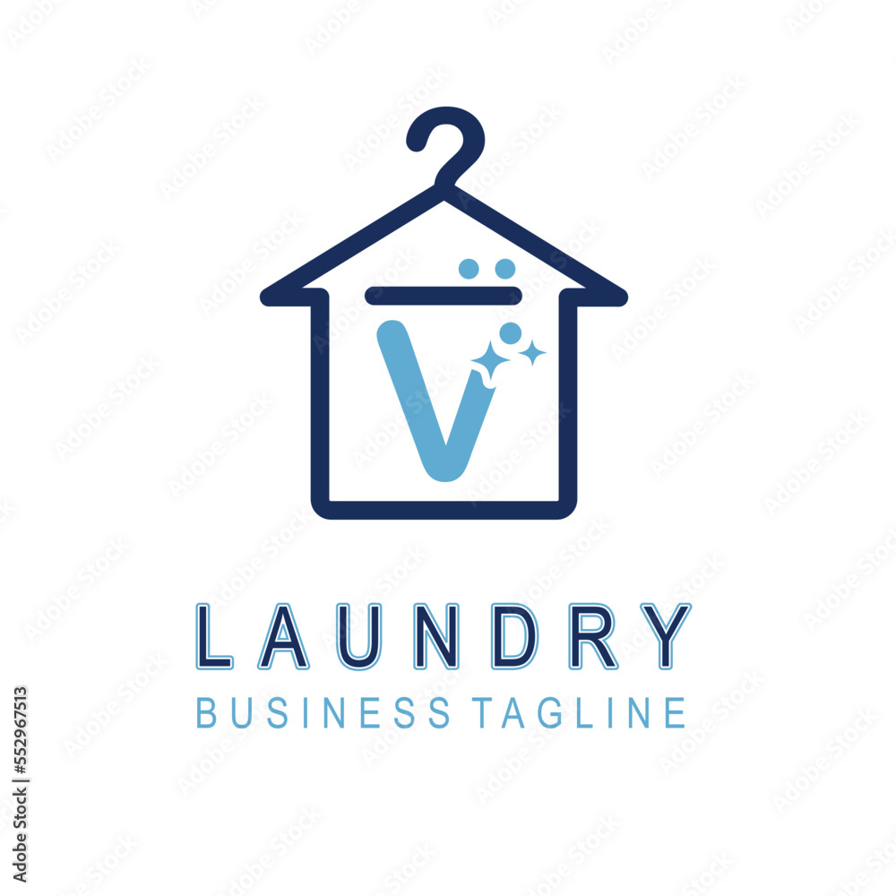 Letter V for Laundry Business Logo Design Idea Template with House and Hanger Icon. Dry Cleaning Clothes Wash Machine Letter V for Laundry Business Logo Design Idea Template with House and Hanger Icon. Dry Cleaning Clothes Wash Machine