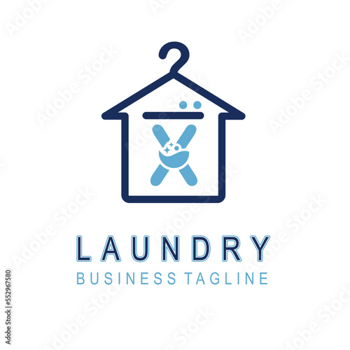 Letter X for Laundry Business Logo Design Idea Template with House and Hanger Icon. Dry Cleaning Clothes Wash Machine