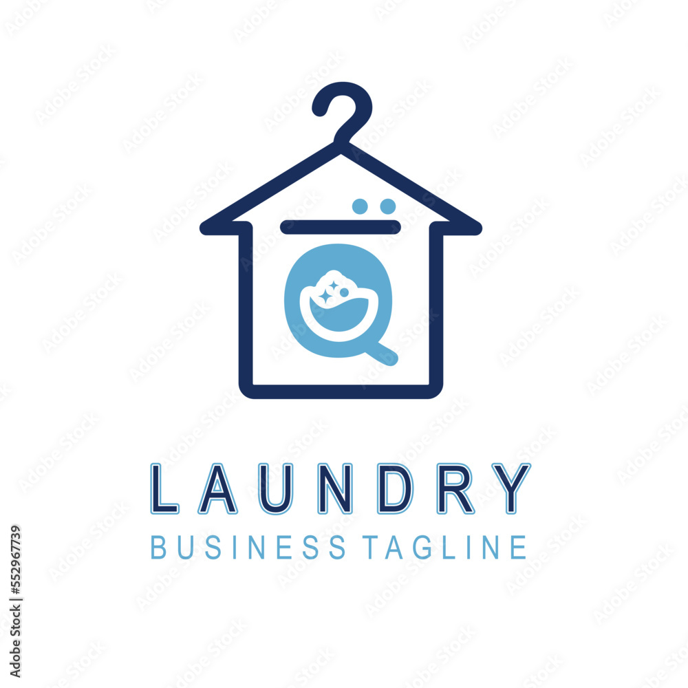 Letter Q for Laundry Business Logo Design Idea Template with House and Hanger Icon. Dry Cleaning Clothes Wash Machine Letter Q for Laundry Business Logo Design Idea Template with House and Hanger Icon. Dry Cleaning Clothes Wash Machine