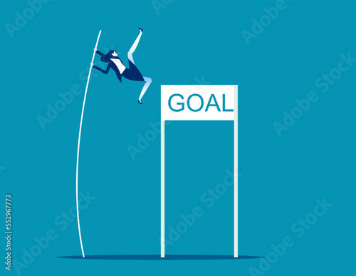 Businesswoman pole vaulting goal. Business jumping vector illustration