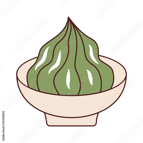 Vector wasabi in retro style. Groovy wasabi in sauce boat 70s.