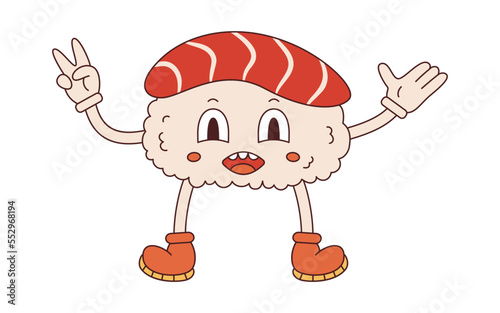 Vector funky sushi in retro style. Groovy nigiri sushi mascot. Hippie character sushi 70s.