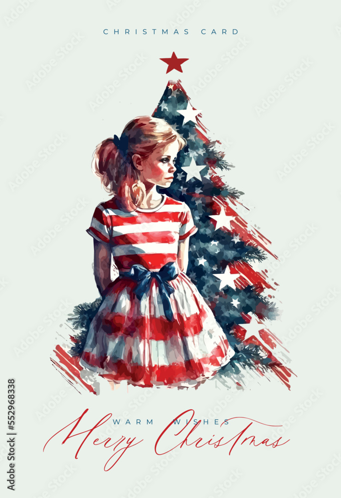 Christmas patriotic card with beautiful girl and USA flag. Merry Christmas lettering and flag of USA watercolor style. Happy new year America