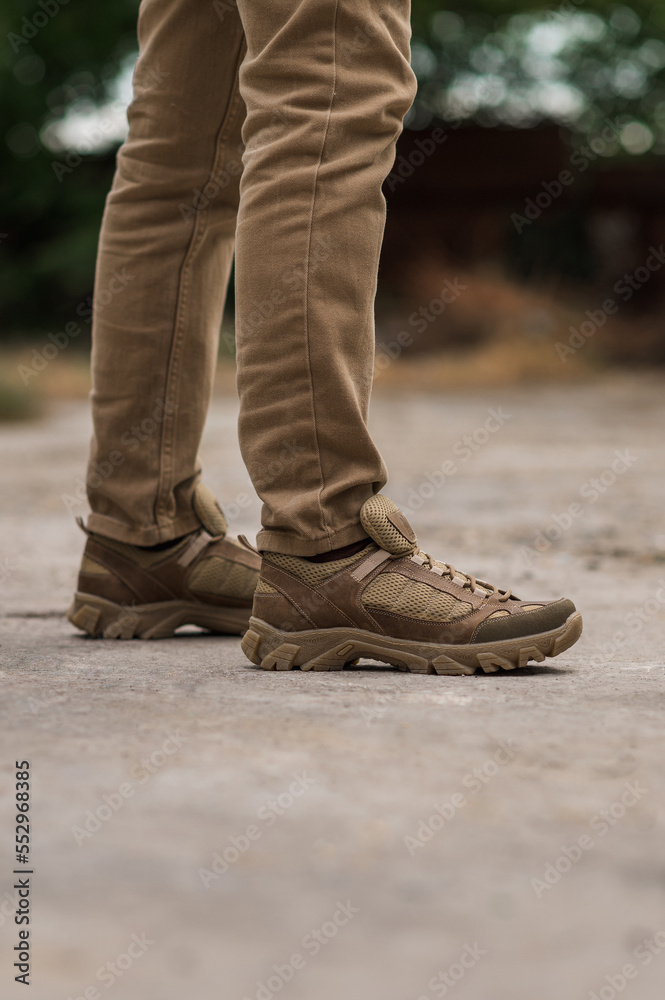 Tactical beige sneakers. Trekking shoes with a rough sole Tactical beige sneakers. Trekking shoes with a rough sole