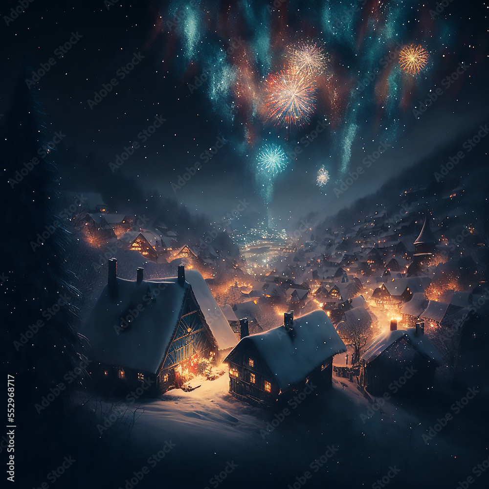 celebration for new year in a small hobbit village blanketed in snow, illuminated by the vibrant colors of a firework show in the night sky. The warm light of the fireworks casts a tranquil mood celebration for new year in a small hobbit village blanketed in snow, illuminated by the vibrant colors of a firework show in the night sky. The warm light of the fireworks casts a tranquil mood