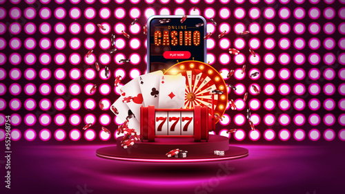 Smartphone with casino slot machine, Roulette, playing cards, poker chips on podium floating in the air on background with wall of round lights in dark scene
