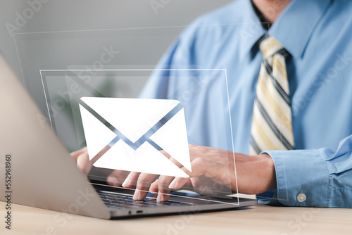 New email notification on laptop. Messages connect communications to global mail at work, email marketing concept, send e-mail or newsletter.