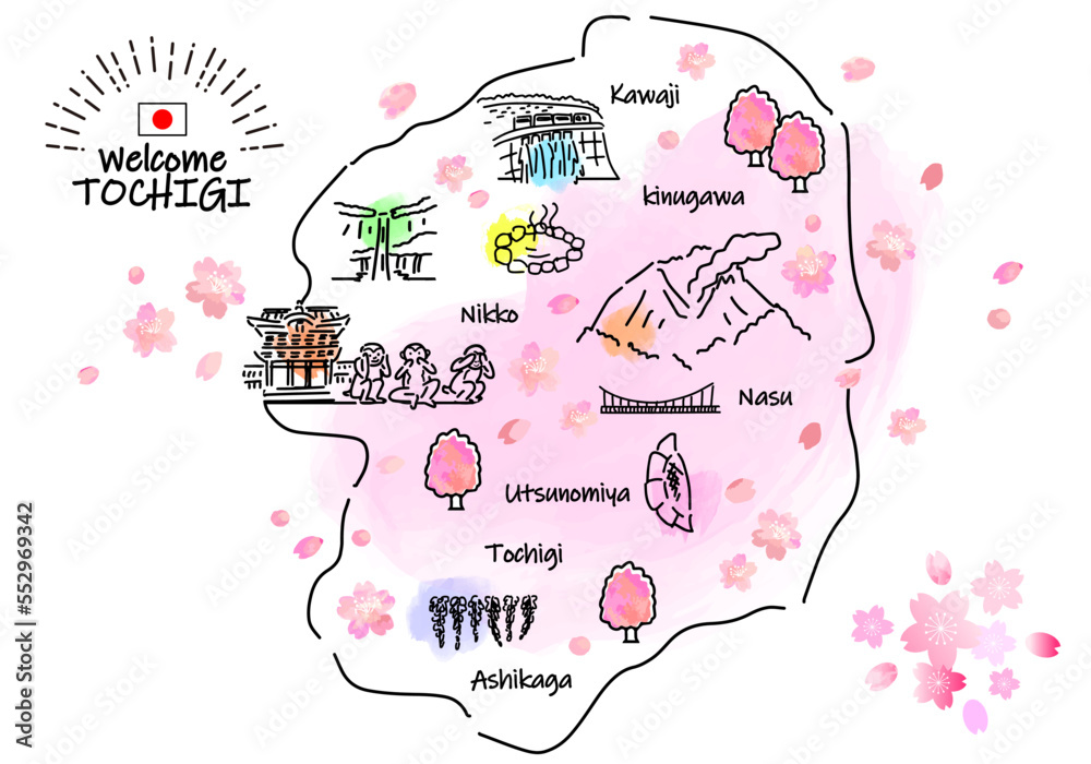 Obraz premium 春の栃木県の観光地のシンプル線画イラストマップ（緑）
