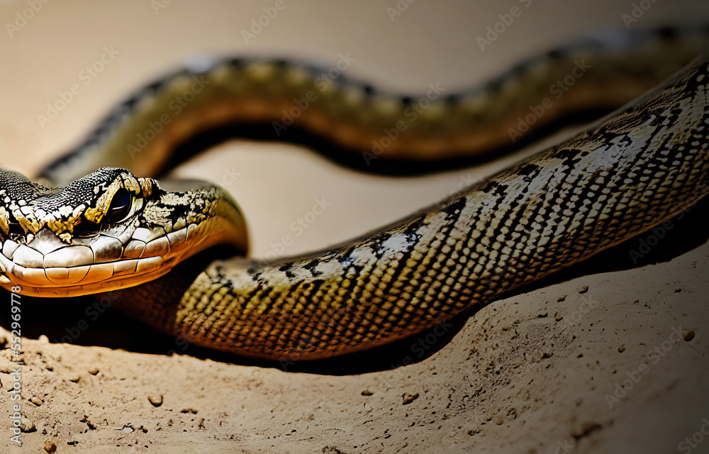 Portrait of a reclining snake with golden skin and black scales resting its wide mouth on its tail in the desert sand, made with generative AI Portrait of a reclining snake with golden skin and black scales resting its wide mouth on its tail in the desert sand, made with generative AI