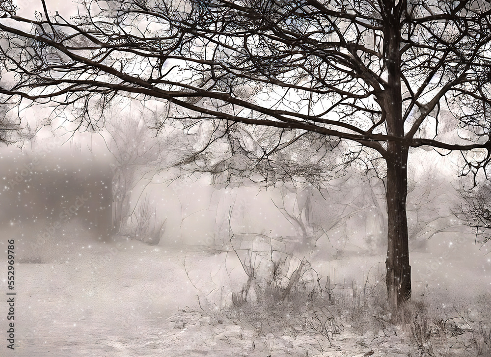 Fototapeta premium Dreamy monochrome image of a leafless tree in the snow in front of a hut blurred in the mist and snowfall, made with generative AI