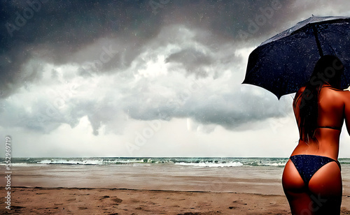 Back view of young woman with sun tanned skin protecting herself from the onset of summer rain with umbrella on sandy beach, made with generative AI