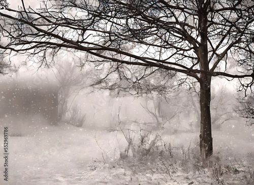 Dreamy monochrome image of a leafless tree in the snow in front of a hut blurred in the mist and snowfall, made with generative AI