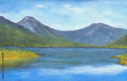 Pastel illustration of a lake in a mountain range with bare peaks, made with generative AI