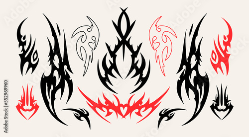 Neo Tribal tattoo set. Abstract ethnic shapes, ornaments. Hand drawn modern Vector illustration. Isolated design elements, tattoo templates. 