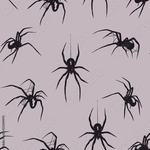 Black Widow spider set. Various positions. Deadly venomous spider. Hand drawn Vector illustration. Halloween decoration, design template. Square seamless Pattern, background, wallpaper