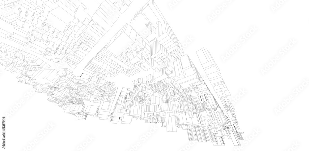 Modern Architecture background. Perspective 3d Wireframe of building. Modern Architecture background. Perspective 3d Wireframe of building.